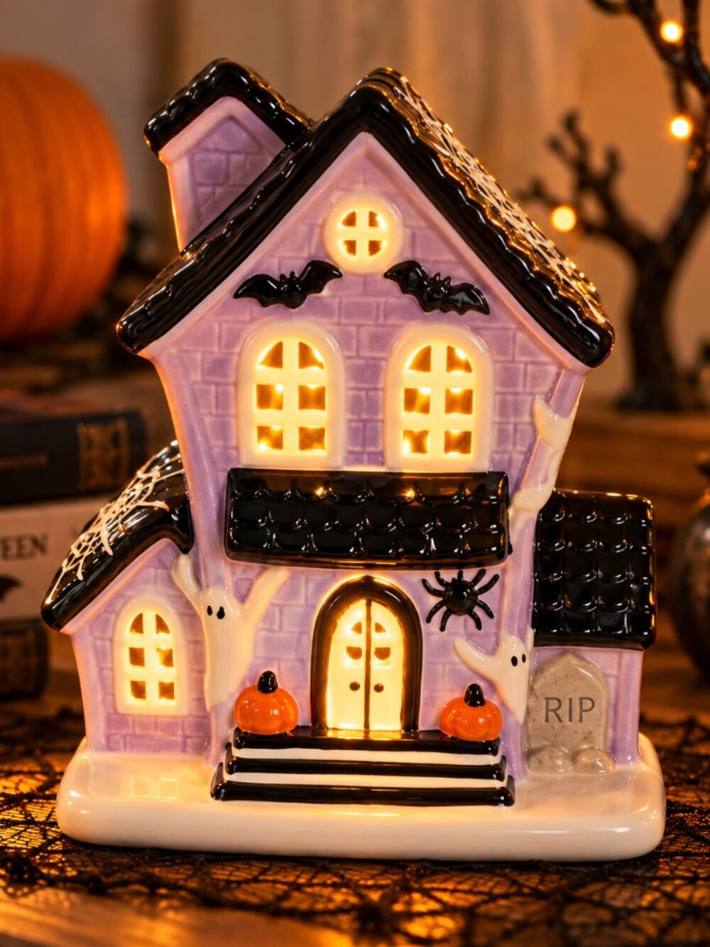Aldi 2026 Halloween Purple LED Ceramic Haunted House Ghost Pumpkin Light Up 8.5"